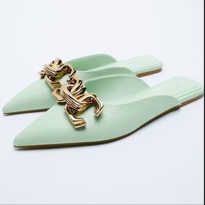 New Zara Buckled Flat Mules Green